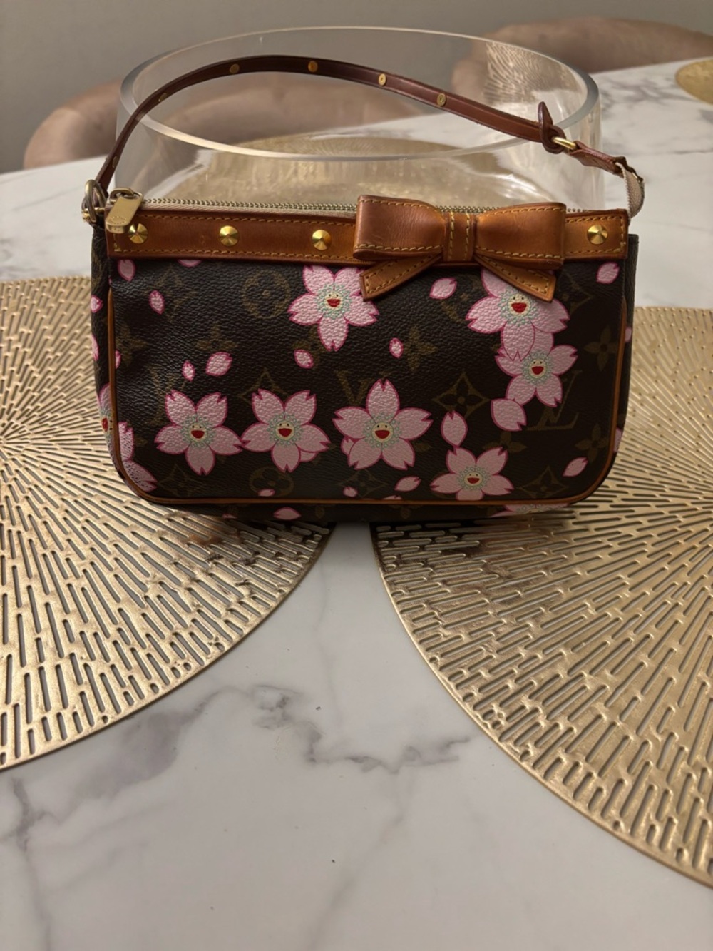Louis Vuitton Pochette Brown Monogram with Pink Cherry Blossom Bow Shoulder Bag